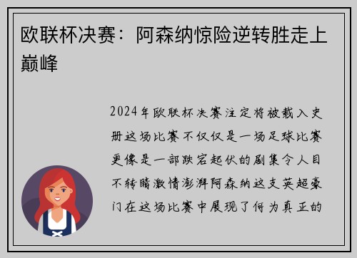 欧联杯决赛：阿森纳惊险逆转胜走上巅峰