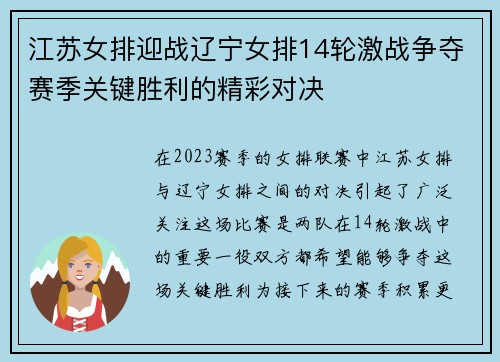 江苏女排迎战辽宁女排14轮激战争夺赛季关键胜利的精彩对决