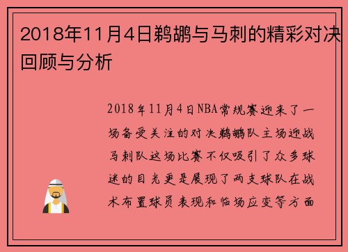 2018年11月4日鹈鹕与马刺的精彩对决回顾与分析