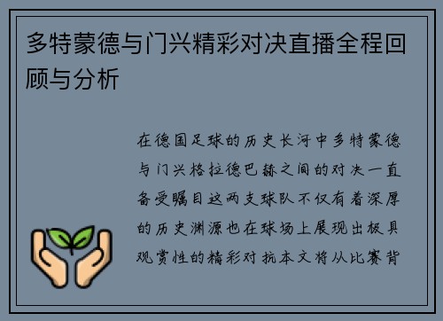 多特蒙德与门兴精彩对决直播全程回顾与分析