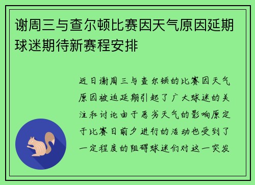 谢周三与查尔顿比赛因天气原因延期球迷期待新赛程安排