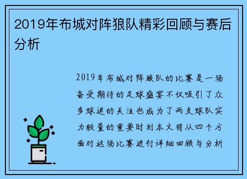 2019年布城对阵狼队精彩回顾与赛后分析