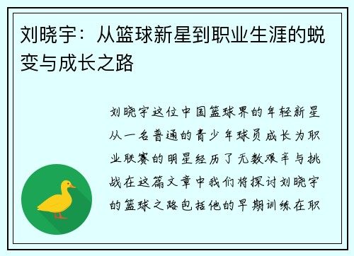 刘晓宇：从篮球新星到职业生涯的蜕变与成长之路