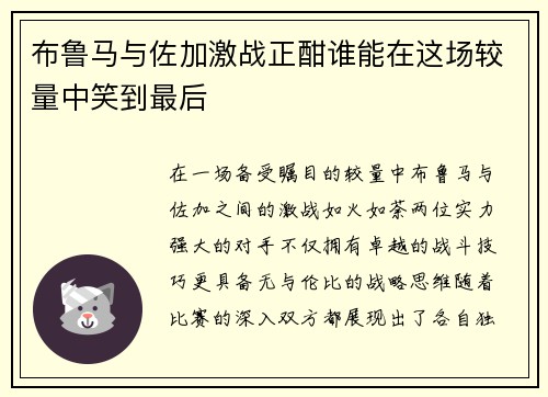 布鲁马与佐加激战正酣谁能在这场较量中笑到最后