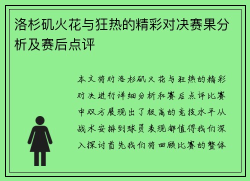 洛杉矶火花与狂热的精彩对决赛果分析及赛后点评