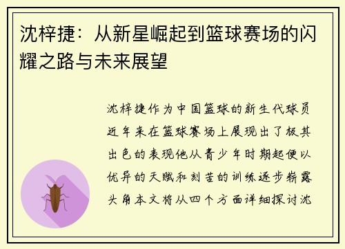 沈梓捷：从新星崛起到篮球赛场的闪耀之路与未来展望