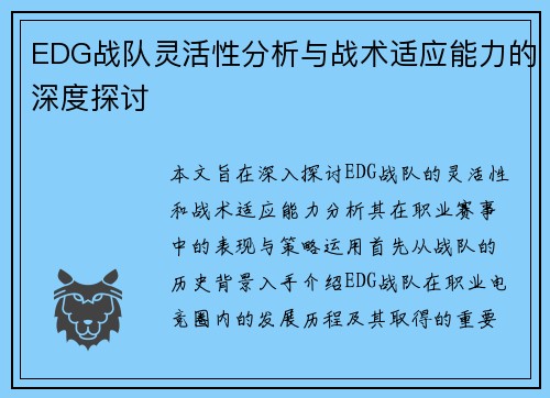 EDG战队灵活性分析与战术适应能力的深度探讨