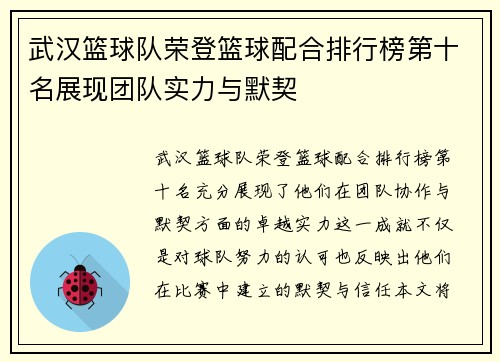 武汉篮球队荣登篮球配合排行榜第十名展现团队实力与默契