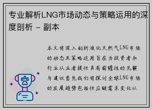 专业解析LNG市场动态与策略运用的深度剖析 - 副本