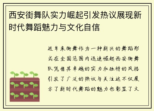 西安街舞队实力崛起引发热议展现新时代舞蹈魅力与文化自信