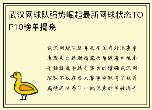 武汉网球队强势崛起最新网球状态TOP10榜单揭晓